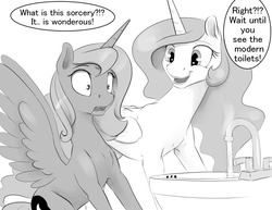 Size: 1280x989 | Tagged: safe, artist:silfoe, princess celestia, princess luna, alicorn, pony, royal sketchbook, g4, amazed, cute, cutelestia, duo, female, frown, grayscale, hot water, mare, mind blown, monochrome, on the moon for too long, open mouth, s1 luna, shocked, sink, sitting, smiling, spread wings, toilet, water, wide eyes, wings