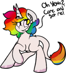 Size: 329x364 | Tagged: safe, artist:moonydusk, oc, oc only, oc:rainbow quasar, classical unicorn, dialogue, ear fluff, horn, leonine tail, looking at you, neck fluff, raffle prize, rainbow hair, rainbow tail, raised eyebrow, raised hoof, simple background, smiling, solo, transparent background, unshorn fetlocks