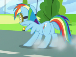 Size: 365x275 | Tagged: safe, screencap, rainbow dash, pegasus, pony, g4, top bolt, butt, cropped, female, goggles, mare, out of context, plot, solo