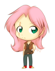 Size: 605x775 | Tagged: safe, artist:fj-c, fluttershy, equestria girls, g4, chibi, clothes, cute, female, hand on hip, looking away, scar, simple background, solo, tank top, vest, white background
