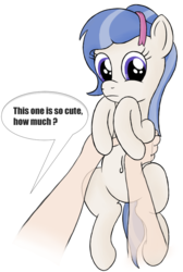 Size: 645x960 | Tagged: safe, artist:dopeedit, oc, oc only, oc:cutie stripe, human, pony, belly, buying, female, filly, frown, holding a pony, looking at you, ponies for sale, pony pet, ribbon, simple background, speech bubble, text, unamused, white background