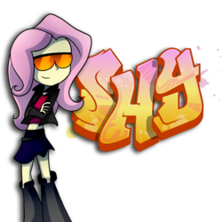 Size: 3500x3500 | Tagged: safe, artist:fj-c, fluttershy, equestria girls, g4, badass, belly button, clothes, female, flutterbadass, graffiti, high res, jacket, leather jacket, midriff, skirt, solo, sunglasses