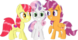 Size: 3253x1694 | Tagged: safe, artist:brok-enwings, apple bloom, scootaloo, sweetie belle, earth pony, pony, g4, cutie mark, cutie mark crusaders, fluffy, missing accessory, simple background, the cmc's cutie marks, transparent background, trio