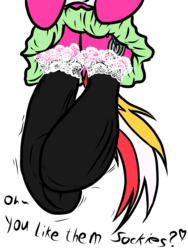 Size: 3072x4096 | Tagged: safe, artist:littlenaughtypony, oc, oc only, oc:starsweep sweetsky, clothes, frilly, frilly underwear, hind hooves, sexy, skirt, skirt lift, socks, solo, stockings, underwear
