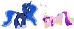 Size: 8651x3439 | Tagged: safe, artist:flitturr, princess cadance, princess luna, g4, bowing, eye contact, face down ass up, frown, simple background, smiling, transparent background