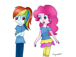 Size: 2592x1944 | Tagged: safe, artist:turquoise01, pinkie pie, rainbow dash, equestria girls, g4, alternate clothes, female, looking at each other, solo