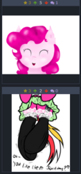 Size: 257x549 | Tagged: safe, artist:littlenaughtypony, artist:turquoise01, pinkie pie, oc, oc:starsweep sweetsky, pony, derpibooru, g4, clothes, female, frilly, frilly underwear, hind hooves, juxtaposition, meta, sexy, skirt, skirt lift, smiling, socks, stockings, underwear