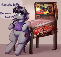 Size: 1280x1200 | Tagged: safe, artist:graphene, oc, oc only, oc:magna-save, pony, unicorn, bipedal, bipedal leaning, cute, horn, looking at you, open mouth, pinball, pinball machine, solo