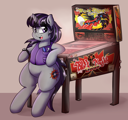 Size: 1280x1200 | Tagged: safe, artist:graphene, oc, oc only, oc:magna-save, pony, unicorn, bipedal, bipedal leaning, cute, looking at you, open mouth, pinball, pinball machine, solo