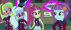 Size: 1280x541 | Tagged: safe, artist:themexicanpunisher, lemon zest, sour sweet, sugarcoat, sunny flare, hydra, equestria girls, g4, captain america, clothes, crossover, hail hydra, multiple heads, school uniform