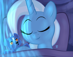 Size: 1100x863 | Tagged: safe, artist:1trick, part of a set, trixie, pony, unicorn, ursa minor, g4, 1trickpone's sleeping ponies, bed, eyes closed, female, mare, part of a series, pillow, sleeping, smiling, solo, teddy bear, ursa plush