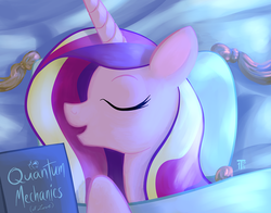 Size: 1100x863 | Tagged: safe, artist:1trick, part of a set, princess cadance, g4, 1trickpone's sleeping ponies, book, cadance loves tiaras, colored, eyelashes, eyes closed, female, jewelry, open mouth, part of a series, quantum mechanics, shading, signature, sleeping, solo, tiara