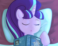 Size: 1100x863 | Tagged: safe, artist:1trick, part of a set, discord, starlight glimmer, pony, unicorn, g4, 1trickpone's sleeping ponies, bed, book, cute, eyes closed, female, glimmerbetes, mare, open mouth, part of a series, pillow, s5 starlight, sleeping, solo