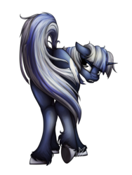 Size: 3000x4000 | Tagged: safe, artist:lupiarts, oc, oc only, oc:silverlay, original species, pony, umbra pony, unicorn, annoyed, butt, covering, floppy ears, frown, gritted teeth, looking back, plot, raised leg, signature, silverbum, simple background, solo, tail covering, transparent background, unshorn fetlocks
