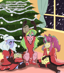 Size: 1280x1463 | Tagged: safe, artist:nikkilynn, lemon zest, sour sweet, sugarcoat, equestria girls, g4, catsuit, christmas, christmas tree, clothes, dress, latex, tree