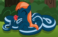 Size: 3362x2157 | Tagged: safe, artist:badumsquish, derpibooru exclusive, oc, oc only, oc:kalianne, lamia, original species, snake pony, g4, :p, candy, crossed hooves, cute, eyes closed, female, food, forked tongue, happy, high res, innocent, licking, lollipop, long tongue, prone, reclining, smiling, solo, tail hold, tongue out