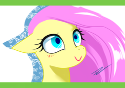 Size: 1024x717 | Tagged: safe, artist:timur328, fluttershy, g4, blushing, bust, colored pupils, female, looking up, portrait, smiling, solo