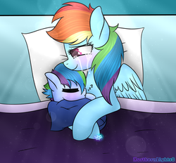 Size: 1024x951 | Tagged: safe, artist:northlights8, rainbow dash, oc, oc:stronghold dash, pony, g4, bed, birth, crying, cuddling, duo, foal, momma dash, mother and daughter, newborn, offspring, parent:rainbow dash, parent:soarin', parents:soarindash, snuggling, tears of joy