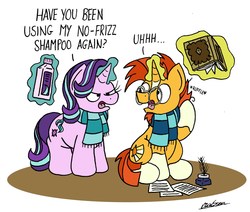 Size: 1917x1625 | Tagged: safe, artist:bobthedalek, starlight glimmer, sunburst, pony, unicorn, g4, angry, book, clothes, dialogue, duo, ink, levitation, looking at each other, magic, open mouth, paper, quill, scarf, shampoo, simple background, telekinesis, unamused, white background