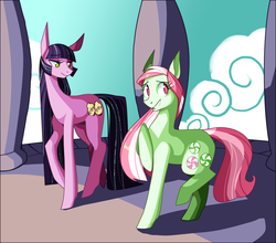 Size: 1280x1126 | Tagged: safe, artist:frogbians, kimono, minty, earth pony, pony, g3, g4, duo, female, g3 to g4, generation leap, mare