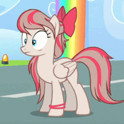 Size: 331x331 | Tagged: safe, screencap, angel wings, pony, g4, top bolt, animated, bow, cute, female, folded wings, gif, hair bow, rainbow waterfall, solo, wristband