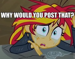 Size: 586x465 | Tagged: safe, edit, edited screencap, screencap, sunset shimmer, equestria girls, g4, bruised, crater, crying, female, hole, image macro, meme, puddle, reaction image, solo, sunsad shimmer, text, text edit, watermark, why would you post that