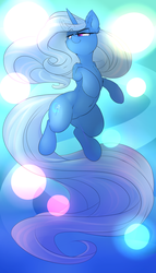 Size: 2400x4200 | Tagged: safe, artist:madacon, trixie, pony, unicorn, g4, belly button, blue background, cheek fluff, chest fluff, colored pupils, ear fluff, female, floating, flowing mane, gradient background, grin, high res, impossibly long tail, lidded eyes, long tail, looking away, mare, no pupils, raised eyebrow, simple background, smiling, smirk, smug, solo
