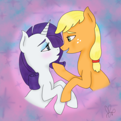 Size: 1280x1280 | Tagged: safe, artist:sweetponytreat, applejack, rarity, g4, eye contact, female, lesbian, looking at each other, ship:rarijack, shipping, sparkles