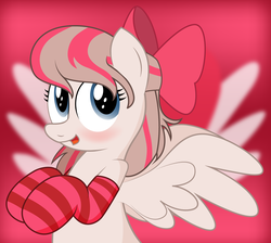Size: 3342x3000 | Tagged: safe, artist:an-tonio, angel wings, pegasus, pony, g4, top bolt, blushing, bow, clothes, cute, cutie mark, cutie mark background, female, hair bow, high res, looking at you, mare, open mouth, pink background, smiling, socks, solo, striped socks, wings