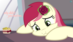 Size: 2841x1664 | Tagged: safe, artist:arifproject, roseluck, earth pony, pony, g4, boutique depression, exotic butters, female, five nights at freddy's: sister location, flower, flower in hair, looking down, rose, sad, show accurate, solo, squishy cheeks, unhappy