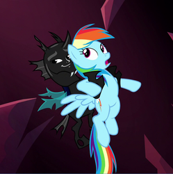 Size: 648x651 | Tagged: safe, flash sentry, rainbow dash, changeling, do princesses dream of magic sheep, g4, my little pony: friendship is magic, big bad brad, brad, cave, dark, dream, exploitable meme, flashface, hug, hug from behind, meme, stealing, waifu thief