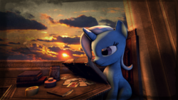 Size: 1920x1080 | Tagged: safe, artist:thesokol, trixie, pony, unicorn, g4, 3d, book, female, film grain, mare, mug, poster, reading, shadow, sky, solo, source filmmaker, sunset, table, tarot card