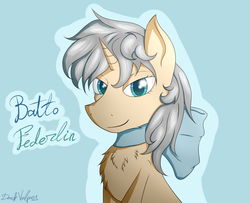Size: 1600x1300 | Tagged: safe, artist:darkvulpes, oc, oc only, oc:batto federlin, pony, unicorn, blue background, bust, chest fluff, colored pupils, female, looking at you, neck bow, simple background, smiling, solo