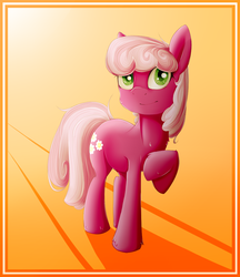 Size: 950x1100 | Tagged: safe, artist:darkvulpes, artist:mrgdog, artist:sparklyon3, cheerilee, earth pony, pony, rcf community, g4, collaboration, female, gradient background, looking at you, mare, orange background, raised hoof, simple background, smiling, solo