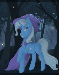 Size: 2023x2577 | Tagged: safe, artist:darkvulpes, artist:mrgdog, artist:sparklyon3, trixie, pony, unicorn, rcf community, g4, cape, clothes, collaboration, female, forest, hat, high res, mare, smiling, solo, tree, trixie's cape, trixie's hat