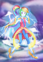 Size: 3508x4961 | Tagged: safe, artist:kateychazuu, rainbow dash, equestria girls, g4, absurd resolution, alternate hairstyle, clothes, crystal guardian, crystal wings, electric dash, female, lightning, magical girl, ponied up, solo, stormcloud