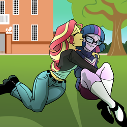 Size: 3000x3000 | Tagged: safe, artist:angelamyrose, sci-twi, sunset shimmer, twilight sparkle, equestria girls, g4, belly button, book, clothes, duo, female, high res, kissing, lesbian, midriff, pants, ship:sci-twishimmer, ship:sunsetsparkle, shipping, short shirt
