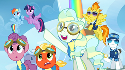 Size: 1920x1080 | Tagged: safe, screencap, fast clip, loosey-goosey, manerick, rainbow dash, short fuse, spitfire, twilight sparkle, vapor trail, alicorn, pegasus, pony, g4, top bolt, clothes, female, goggles, male, mare, rainbow, stallion, stopwatch, twilight sparkle (alicorn), wonderbolt trainee uniform, wonderbolts uniform