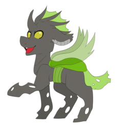 Size: 2107x2299 | Tagged: safe, artist:oddends, oc, oc only, changeling, changeling oc, green changeling, high res, male, raised hoof, smiling, solo