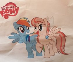Size: 960x814 | Tagged: safe, angel wings, rainbow dash, pegasus, pony, g4, official, cute, duo, duo female, female, hug, mare, my little pony logo, winghug
