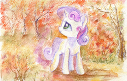 Size: 900x573 | Tagged: safe, artist:maytee, sweetie belle, g4, autumn, female, leaves, scenery, solo, traditional art, tree