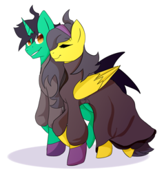 Size: 1024x1074 | Tagged: safe, artist:flamycrystal, oc, oc only, oc:frost d. tart, oc:golden lily, alicorn, pegasus, pony, alicorn oc, brother and sister, clothes, cosplay, costume, female, hex maniac, male, pokémon