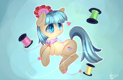 Size: 1964x1271 | Tagged: safe, artist:kawaiipony2, coco pommel, earth pony, pony, g4, cocobetes, cute, female, mare, signature, solo, thread