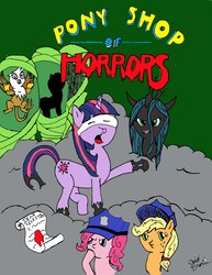 Size: 2550x3299 | Tagged: safe, artist:newguy, applejack, gilda, pinkie pie, queen chrysalis, twilight sparkle, changeling, griffon, pony, unicorn, g4, blindfold, changelingified, cocoon, hat, high res, little shop of horrors, peaked cap, transformation