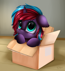 Size: 1662x1807 | Tagged: safe, artist:pridark, oc, oc only, pony, unicorn, :<, blushing, box, cardboard box, colored pupils, commission, cute, floppy ears, fluffy, leaning, looking up, pony in a box, pridark is trying to murder us, reflection, sad, solo, wooden floor