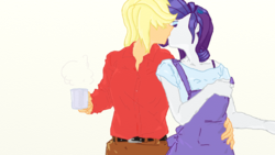 Size: 1000x562 | Tagged: safe, artist:eulicious, applejack, rarity, human, g4, apron, clothes, coffee, cup, eyes closed, female, humanized, kissing, lesbian, missing freckles, ship:rarijack, shipping, shirt, simple background, white background