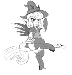 Size: 1280x1316 | Tagged: safe, artist:pabbley, posey shy, g4, bedroom eyes, book, cape, clothes, crossover, flying broomstick, gloves, grayscale, hat, looking at you, mercy, monochrome, overwatch, shirt, shoes, simple background, smiling, socks, solo, thigh highs, white background, witch, witch hat
