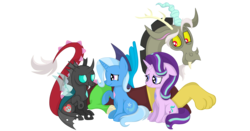 Size: 3902x2043 | Tagged: safe, artist:squipycheetah, discord, starlight glimmer, thorax, trixie, changeling, draconequus, pony, unicorn, g4, to where and back again, alternate universe, cutie mark, fangs, female, floppy ears, gem, happy, heart, high res, looking at each other, looking back, love and tolerate, male, mare, missing accessory, peace symbol, raised hoof, reformed four, shading, simple background, sitting, smiling, spread wings, transparent background, transparent wings, vector