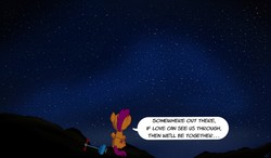 Size: 1280x747 | Tagged: safe, artist:nuka-kitty, scootaloo, pegasus, pony, g4, an american tail, bittersweet, cute, cutealoo, don bluth, female, james ingram, linda ronstadt, male, movie reference, night, night sky, reference to another series, sad, scenery, scooter, sky, solo, somewhere out there, song reference, stars, the simpsons