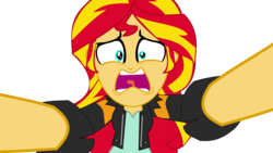 Size: 2649x1490 | Tagged: safe, artist:jongoji245, sunset shimmer, equestria girls, g4, my little pony equestria girls: friendship games, clothes, female, jacket, leather jacket, open mouth, simple background, solo, tongue out, transparent background, vector